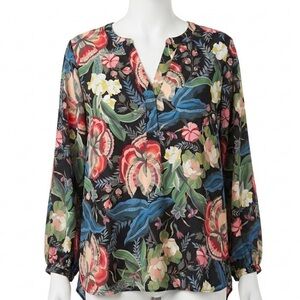 Tahari Floral Tunic Blouse V Neck Long Sleeve Top Plus Size 2X